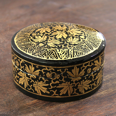 Papier mache decorative box, 'Midnight Beauty' - Hand-Painted Black and Metallic Gold Round Decorative Box