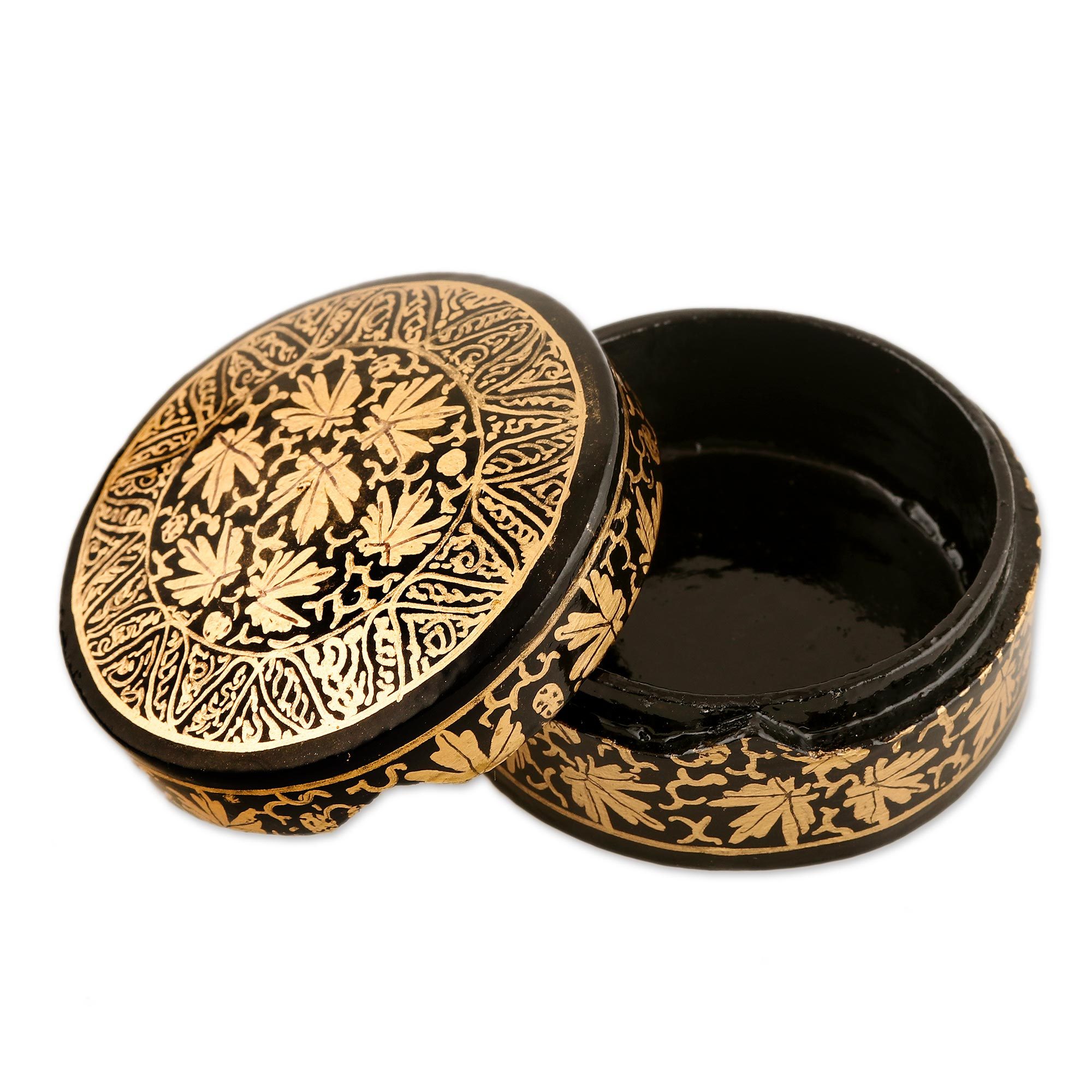 HandPainted Black and Metallic Gold Round Decorative Box Midnight