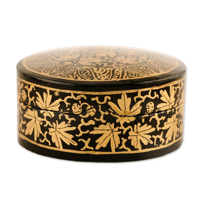 Papier mache decorative box, 'Midnight Beauty' - Hand-Painted Black and Metallic Gold Round Decorative Box