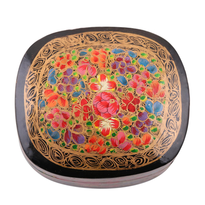 Papier mache decorative box, 'Cheerful Flare' - Hand-Painted Floral and Metallic Gold Decorative Box