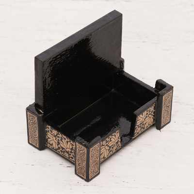 Wood card holder, 'Midnight Leaves' - Hand-Painted Leaf Gold and Black Wooden Card Holder