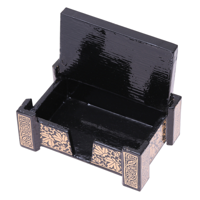 Wood card holder, 'Midnight Leaves' - Hand-Painted Leaf Gold and Black Wooden Card Holder
