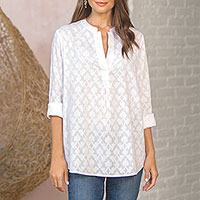 100% Cotton Long-Sleeved White Tunic,'Brocade Shadow'