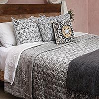 Reversible cotton quilt and pillow covers, 'Misty Morning' (3 piece set) - Grey and White Block Print Quilt and Pillow Covers (3 Pc)