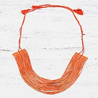 Recycled paper beaded necklace, 'Gorgeous in Orange' - Orange Multi-Strand Recycled Paper Beaded Necklace