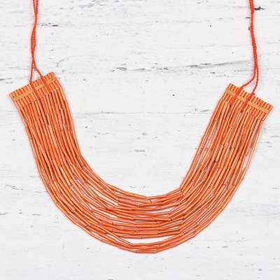 Collar con cuentas de papel reciclado, 'Gorgeous in Orange' - Collar con cuentas de papel reciclado de varias hebras en color naranja