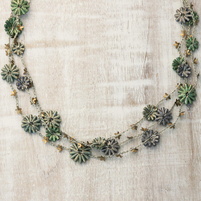 Recycled paper station necklace, 'Petal Symphony' - Metallic Recycled Paper Floral Beaded Station Necklace