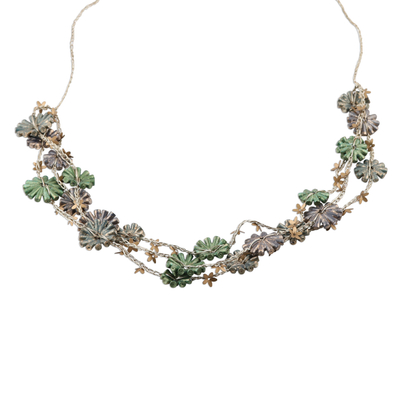 Recycled paper station necklace, 'Petal Symphony' - Metallic Recycled Paper Floral Beaded Station Necklace