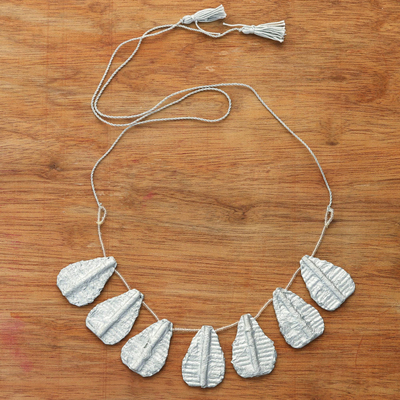 Recycled paper pendant necklace, 'Lustrous Leaves' - Handcrafted Recycled Paper and Glass Bead Pendant Necklace