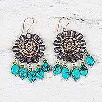Recycled paper beaded earrings, 'Floral Twirl' - Handmade Recycled Paper and Glass Bead Chandelier Earrings