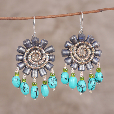 Recycled paper beaded earrings, 'Floral Twirl' - Handmade Recycled Paper and Glass Bead Chandelier Earrings
