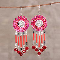 Recycled paper beaded dangle earrings, 'Pink Fusion' - Handcrafted Hot Pink Recycled Paper Glass Beaded Earrings