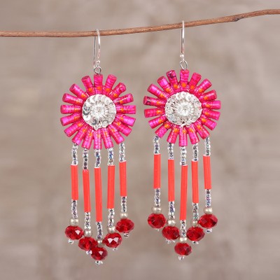 Recycled paper beaded dangle earrings, 'Pink Fusion' - Handcrafted Hot Pink Recycled Paper Glass Beaded Earrings