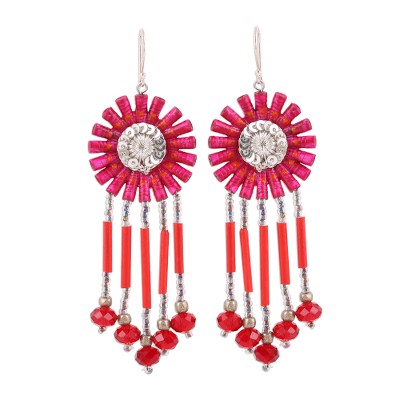 Recycled paper beaded dangle earrings, 'Pink Fusion' - Handcrafted Hot Pink Recycled Paper Glass Beaded Earrings