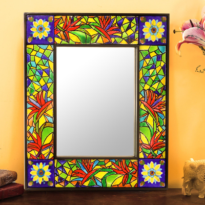 Espejo de pared de azulejos de cerámica - Espejo de pared de azulejos de cerámica con incrustaciones de hojas multicolores