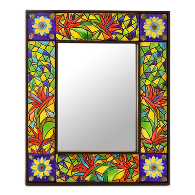 Ceramic tile wall mirror, 'Inlaid Foliage' - Multi-Colored Leaves Inlaid Ceramic Tile Wall Mirror