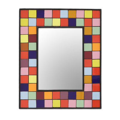 Multi Colored Square Tiles Ceramic Mango Wood Wall Mirror Vibrant Quadrangles Novica - Square Wall Mirror Tiles