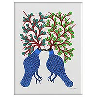 Pintura de Gond, 'Canción de primavera' - Arte popular Pintura de Gond de dos pájaros arbóreos de la India