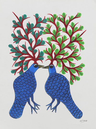 Gond painting, 'Song of Spring' - Folk Art Gond Painting of Two Tree Birds from India