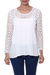 Lace-trimmed rayon blouse, 'Daisy Snow' - Crocheted Daisy Shoulder and Sleeve Snow White Rayon Blouse