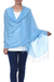 Wool and silk blend shawl, 'Still Waters' - Sky Blue Wool and Silk Blend Fringed Shawl from India