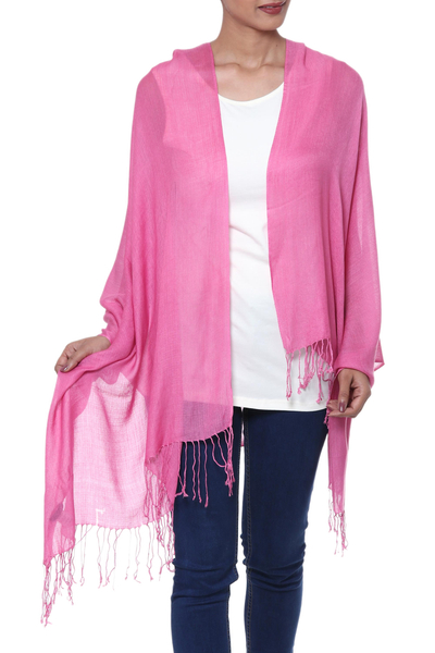 Wool and silk blend shawl, 'Orchid Allure' - Orchid Color Wool and Silk Blend Fringed Shawl from India