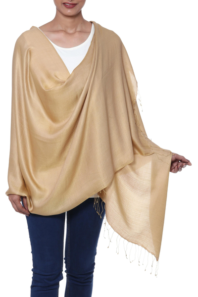 Silk shawl, 'Golden Nights' - Pure Silk Shawl in Warm Golden Color from India