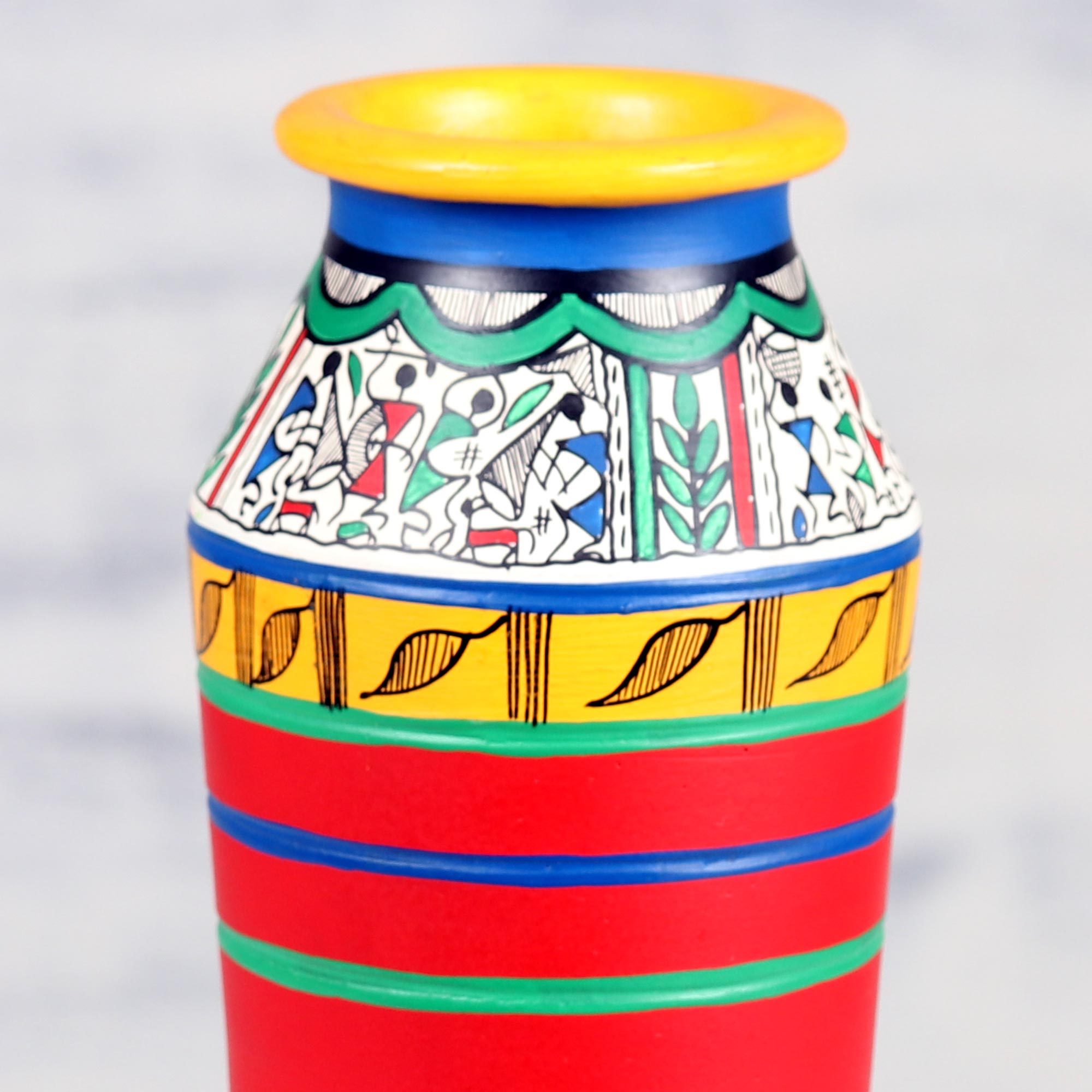 Colorful Ceramic Vase with Warli Motifs from India Warli Joy NOVICA