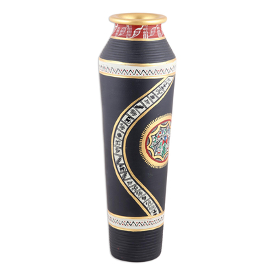 Ceramic vase, 'Happy Warli' - Black Ceramic Vase with Warli Motifs from India
