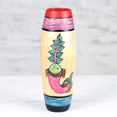 Ceramic vase, 'Aquatic Existence' - Hand-Painted Ceramic Fish Vase from India