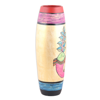 Keramische Vase, 'Aquatische Existenz - Handbemalte keramische Fischvase aus Indien