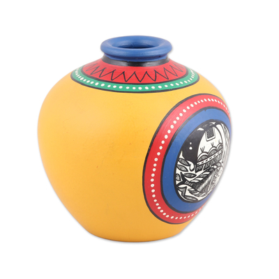 Ceramic vase, 'Sea Harmony' - Colorful Hand-Painted Fish and Farm Ceramic Vase from India
