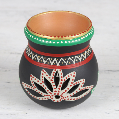Ceramic oil warmer, 'Lotus Fascination' - Handcrafted Ceramic Oil Warmer in Black from India