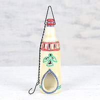 Ceramic tealight holder, 'Flower Bottle in Beige' - Ceramic Hanging Tealight Holder in Beige from India