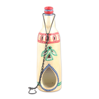 Ceramic tealight holder, 'Flower Bottle in Beige' - Ceramic Hanging Tealight Holder in Beige from India