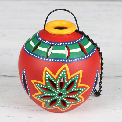 Portavelas de cerámica, 'Festive Glow' - Portavelas colgante de cerámica multicolor de la India