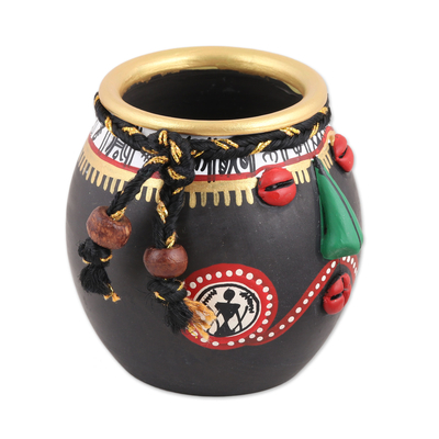 Ceramic mini decorative vase, 'Green Nose' - Warli Ceramic Mini Decorative Vase from India