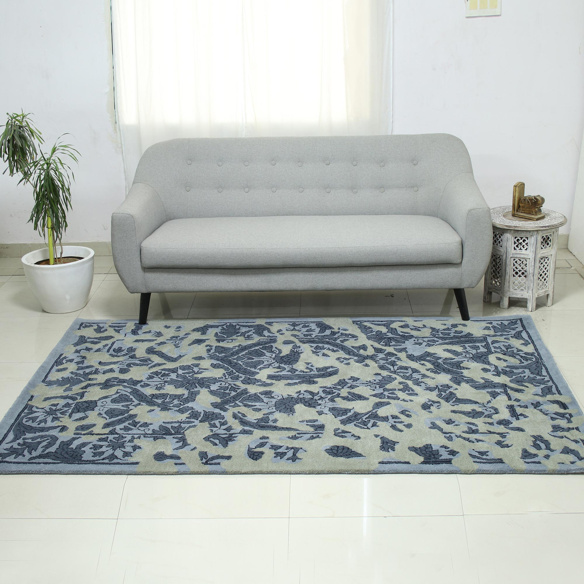 Blue And Grey Floral Wool Area Rug 5x8 From India Blue Majestic Garden Novica