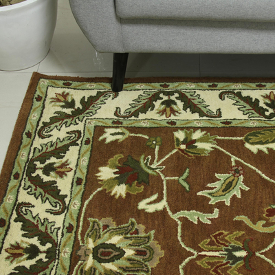 Hand-tufted wool area rug, 'Floral Persia' (5x8) - Brown and Ivory Floral Wool Area Rug (5x8) from India