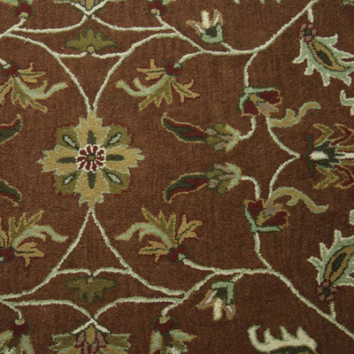 Alfombra de área de lana tejida a mano, (5x8) - Alfombra de área de lana floral marrón y marfil (5x8) de India