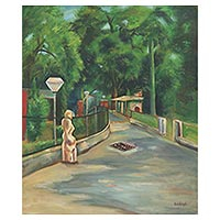 'Evening Walk' (2016) - Signed Impressionist Painting of a Park (2016) from India