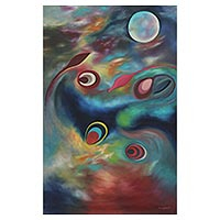 'Flow with Moon' (2016) - Signed Colorful Abstract Painting of the Moon from India