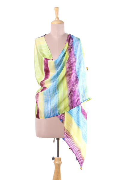 Silk shawl, 'Spring Carnival' - Block-Printed Striped Silk Shawl Crafted in India