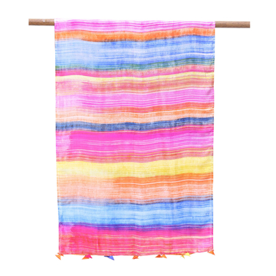 Mantón de seda - Mantón 100% seda estampado a mano con rayas multicolor brillantes