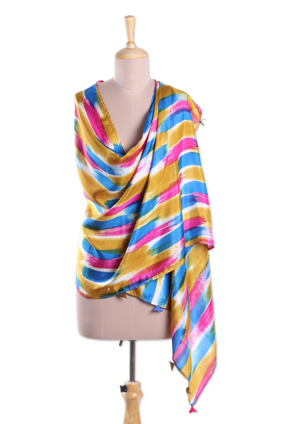 Silk shawl, 'Prismatic Rays' - Strokes of Mixed Bright Colors Hand Printed 100% Silk Shawl