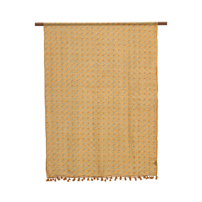 Schal aus Baumwolle und Seidenmischung, 'Saffron Delight - Baumwoll-Seiden-Mischung Safran Delight Hand Block Druck Schal