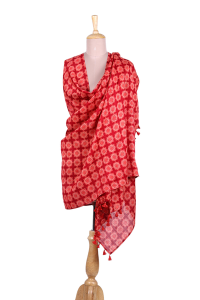 Cotton and silk blend shawl, 'Red Floral Mosaic' - Crimson Cotton and Silk Floral Indian Block Print Shawl
