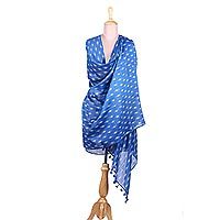 Cotton and silk blend shawl, 'Floating Leaves' - Blue Cotton and Silk Blend Floating Leaf Block Print Shawl