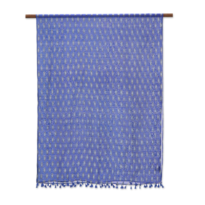 Mantón de mezcla de algodón y seda, 'Hojas flotantes' - Chal azul con estampado de bloques de hojas flotantes de mezcla de algodón y seda