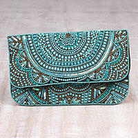 Beaded silk clutch, 'Turquoise Glamour' - Turquoise Beaded and Sequined Silk Evening Clutch from India